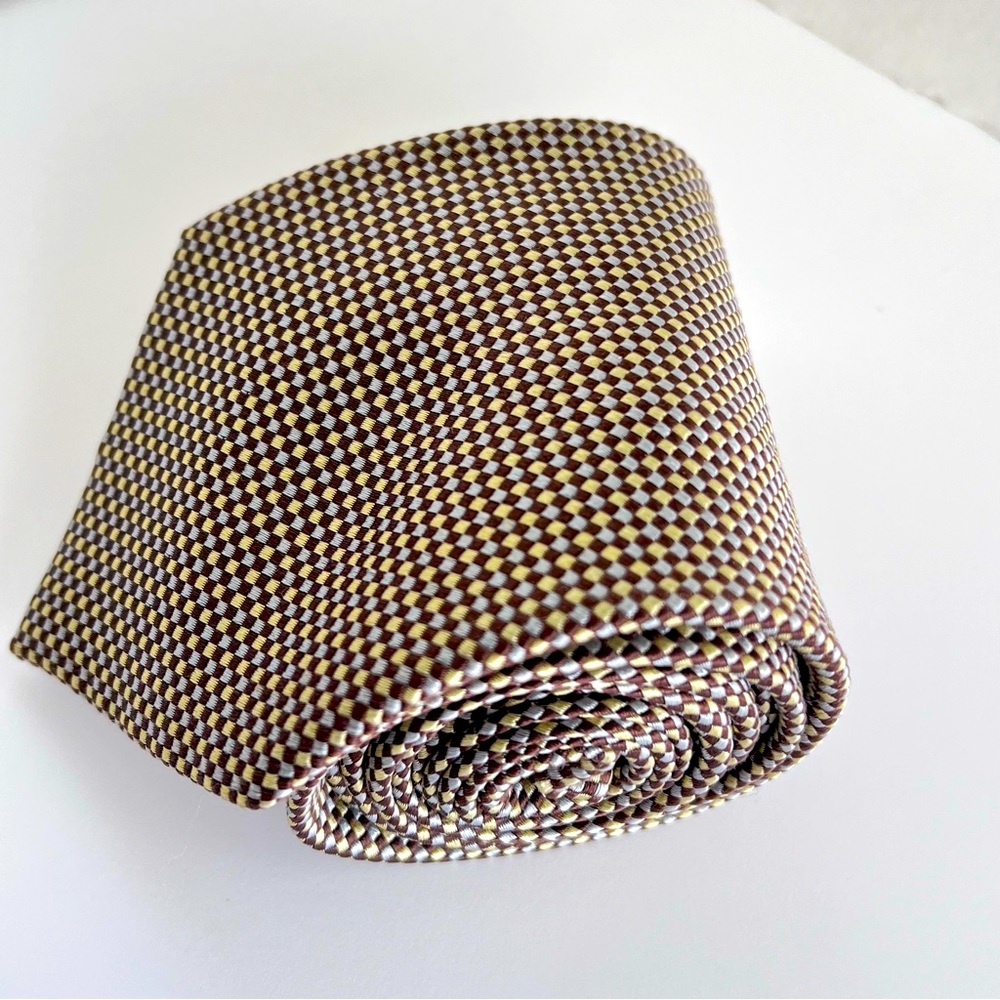 B2G1 Pierre Cardin Paris patterned Tie brown yellow blue 100% silk Formal Prom